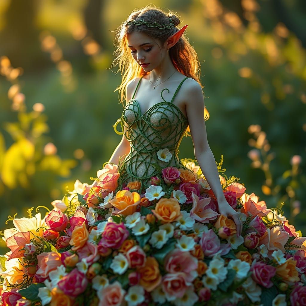 Ethereal Elf in Flower Gown with Vine Accents