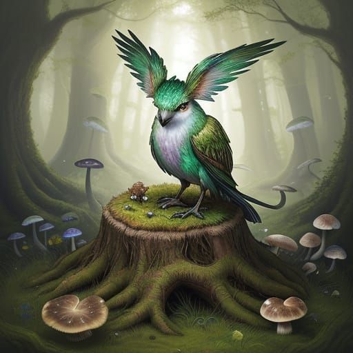 Ethereal Ellyllon Perched on a Mossy Stump