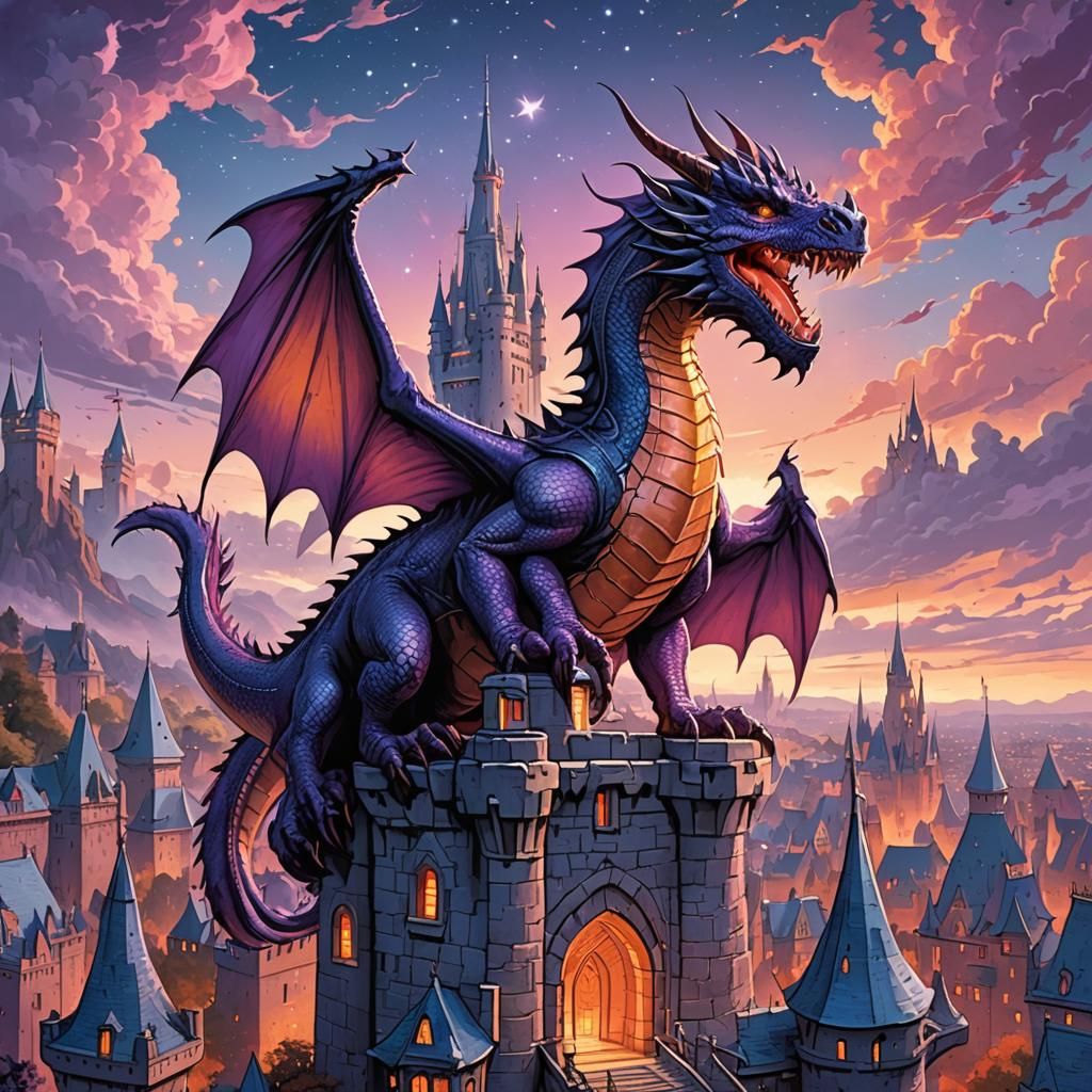 Purple Dragon Over City with Stars in Comic Art