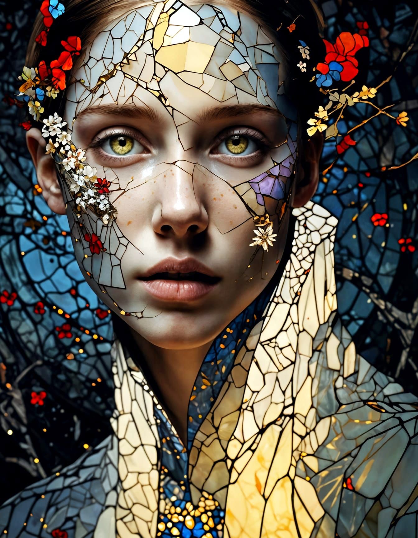 Explosive Floral Kintsugi Stained Glass Art