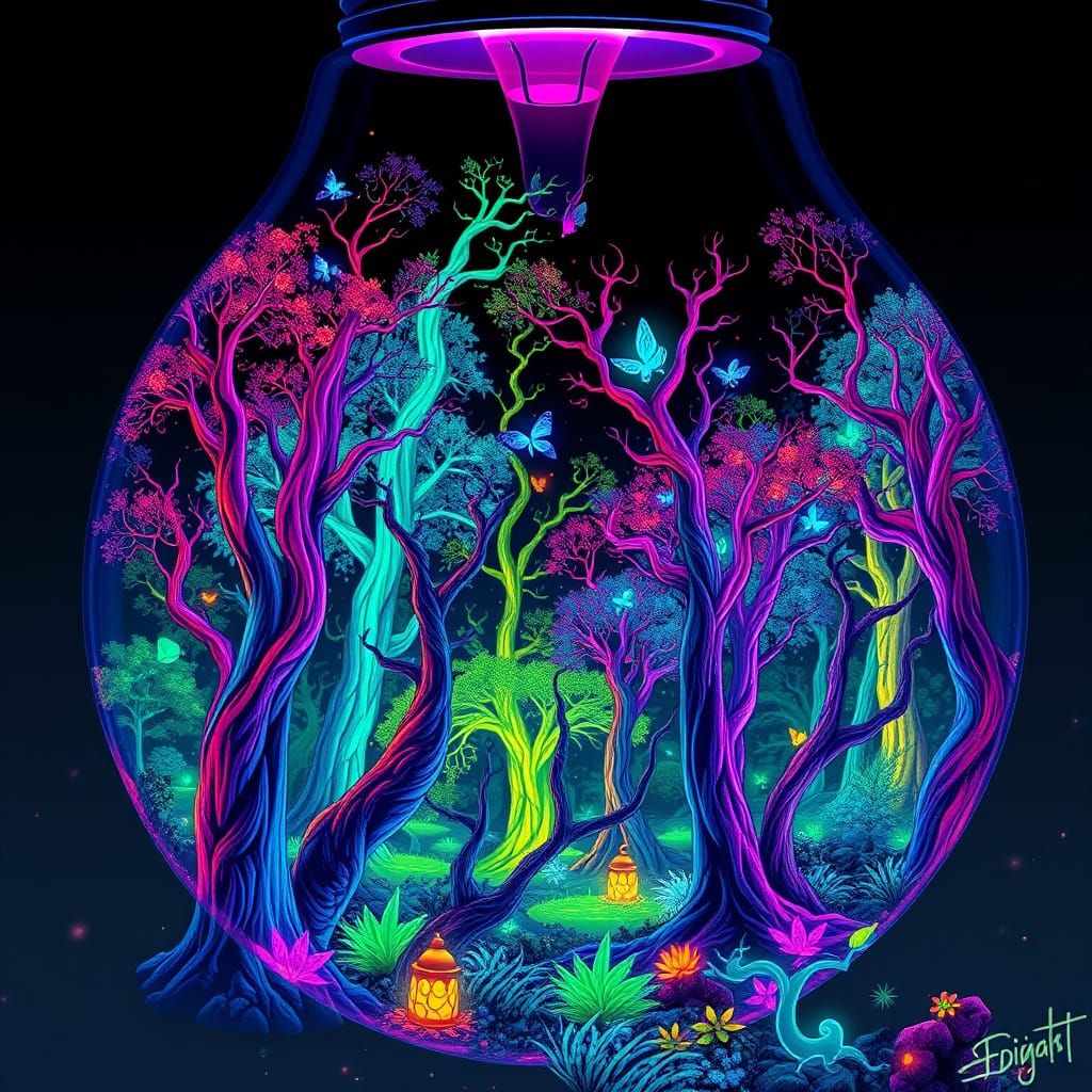 Ethereal Forest Blooms Inside Iridescent Lightbulb
