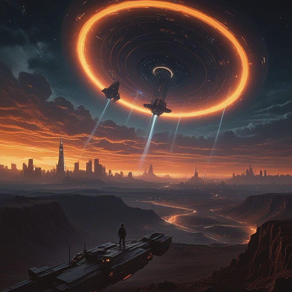 Epic Sci-Fi Landscape with Lonely Spaceship and Iridescent C...