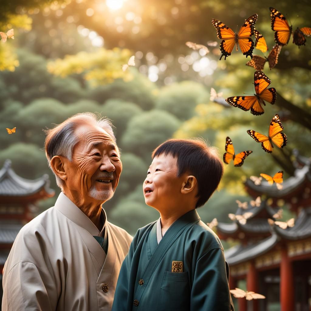 Chinese Boy and Man Admiring Butterflies at Sunrise