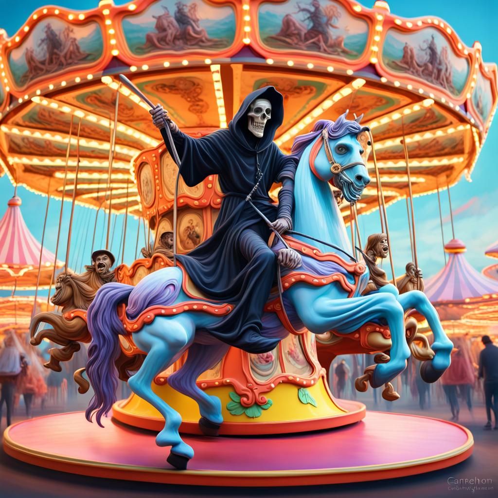 Grim Reaper riding a carousel at a fair with smiling and laughing people