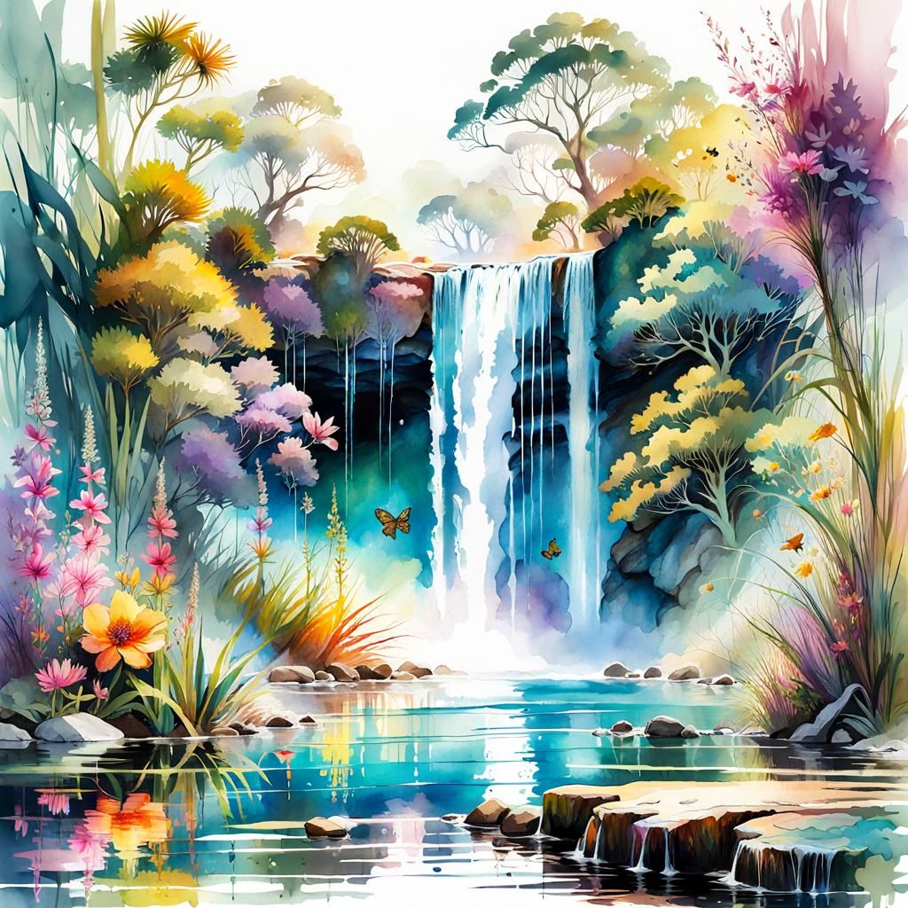Lagoon Oasis Watercolor Illustration with Rainbow Waterfall