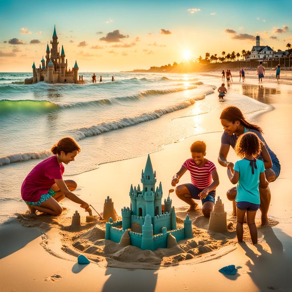 Sandy Beach Scenes with Families Building Elaborate Castles....