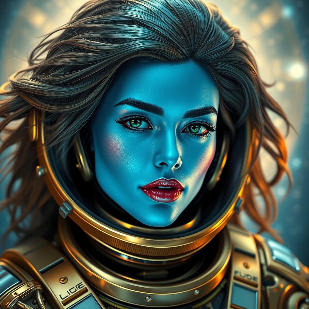 Surreal Futuristic Alien Astronaut in Glowing Metallic Space...