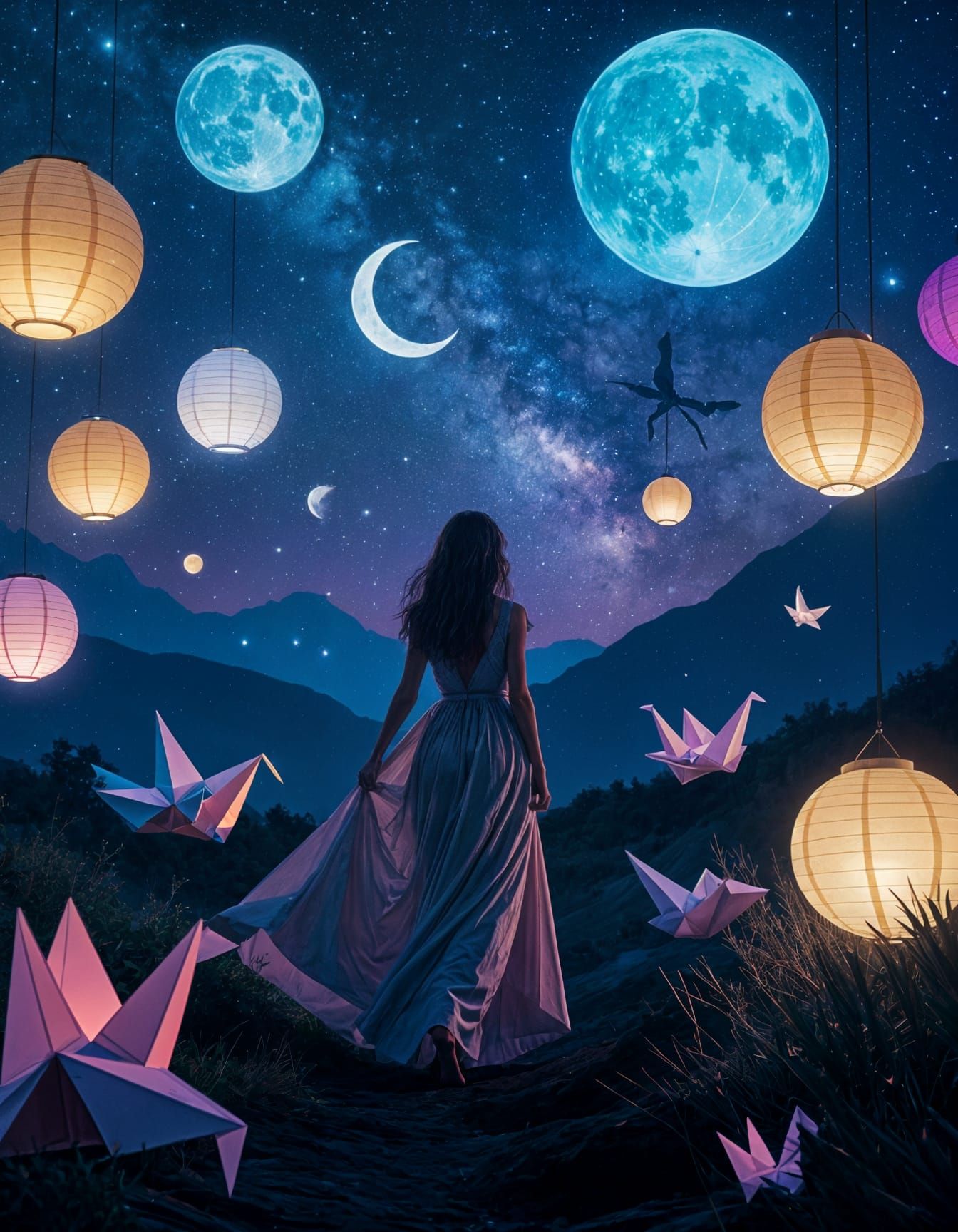 Surreal Night Scene with Lanterns and Woman