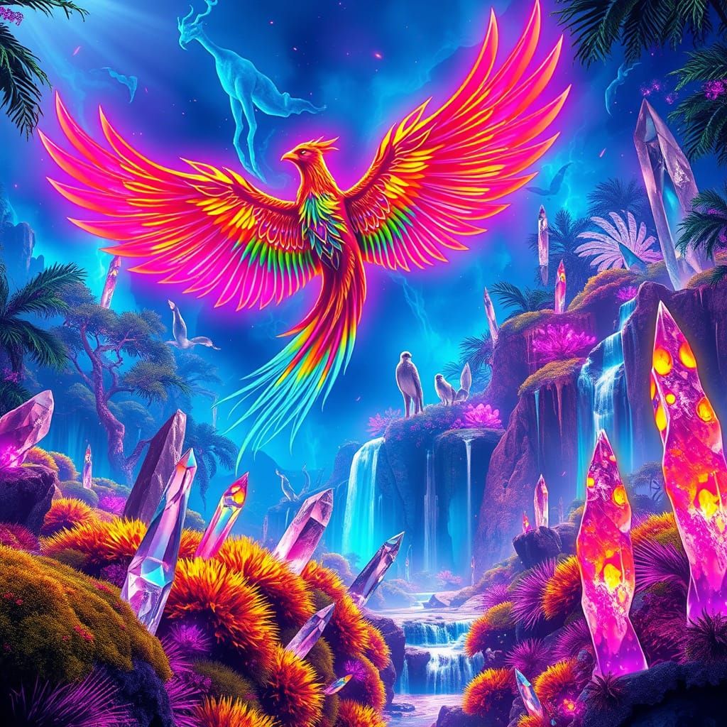 Vaporwave Phoenix Soaring Through Electric Jungle