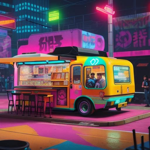 Colorful Cyberpunk Food Truck in Sunny Park