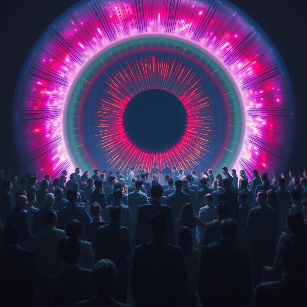 Surreal Crowd Gaze in Futuristic Eye Structure