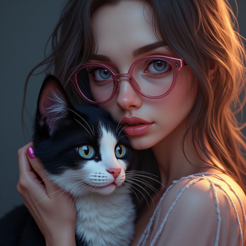 Woman with Cat: Splash Art Portrait in 8K