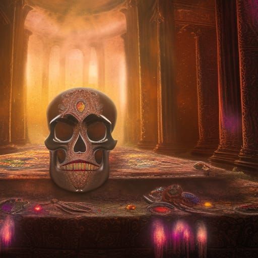 Bejeweled Skull on Altar in Ruined Temple