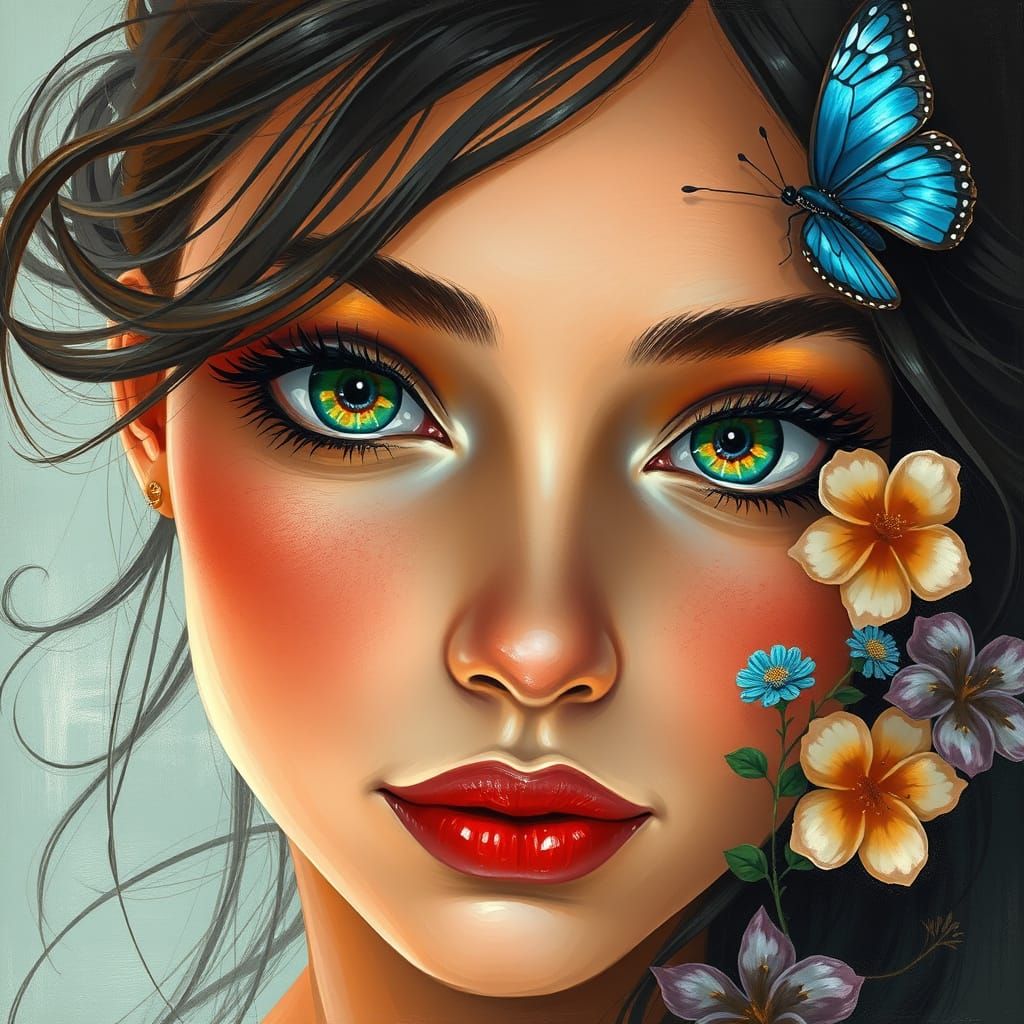 Ethereal Portrait in Vibrant Colors and Textured Brushstroke...