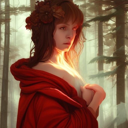Girl in Red Cloak with Wolf: Digital Art Portrait