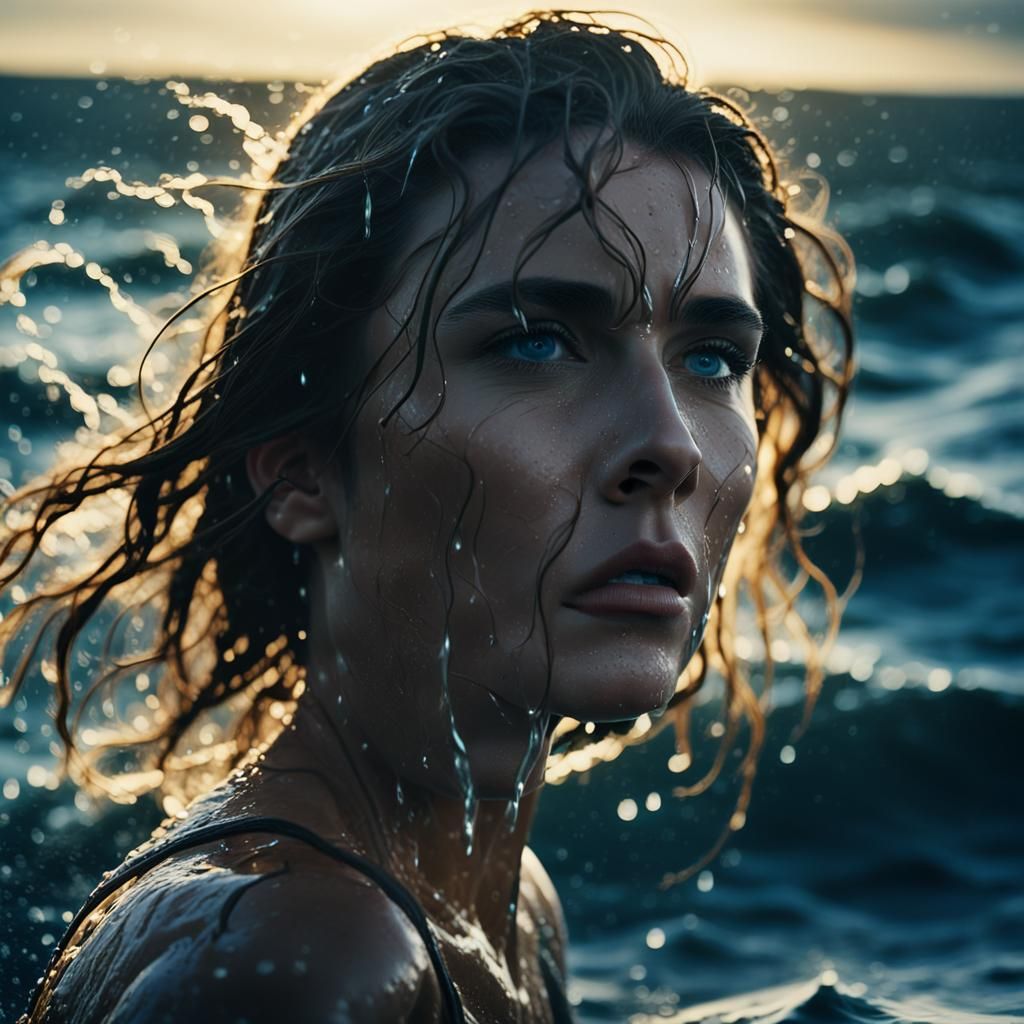 Woman on Yacht in Tempestuous Sea: Cinematic Still