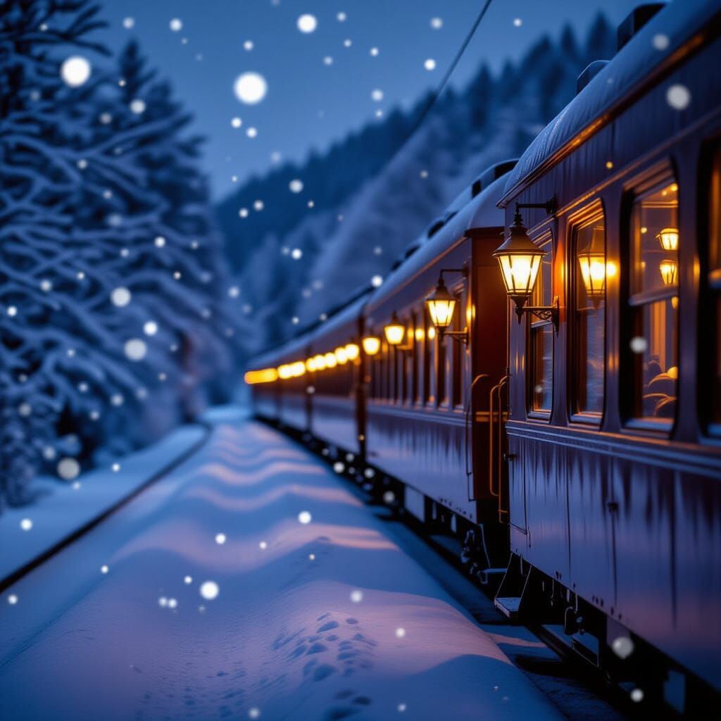 Cozy Train Dining Car in Snowy Night Landscape