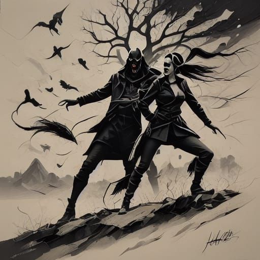 Dramatic Black and White Joker and Harley Quinn Silhouette