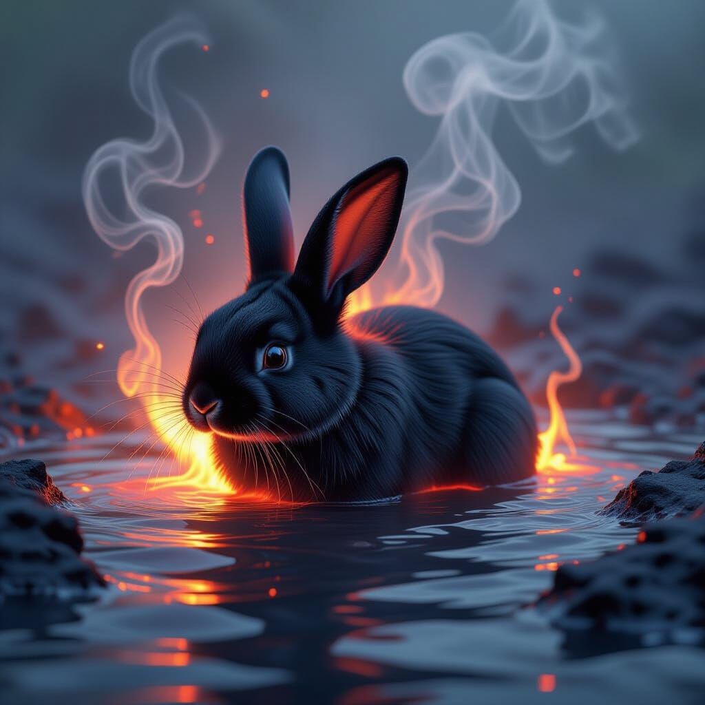 Black Rabbit in Lava and Water: Surreal Digital Painting