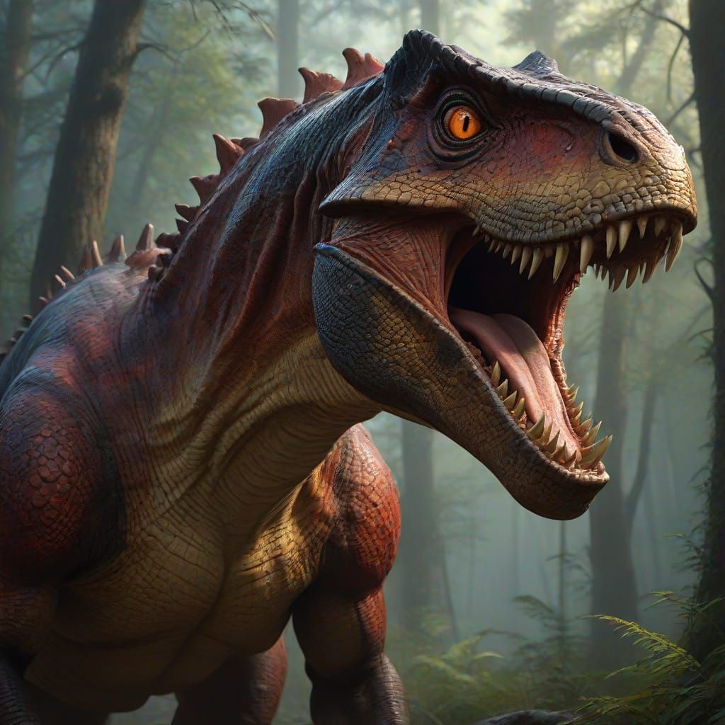 Dragon-Allosaurus Hybrid Roar in Dark Fantasy Art