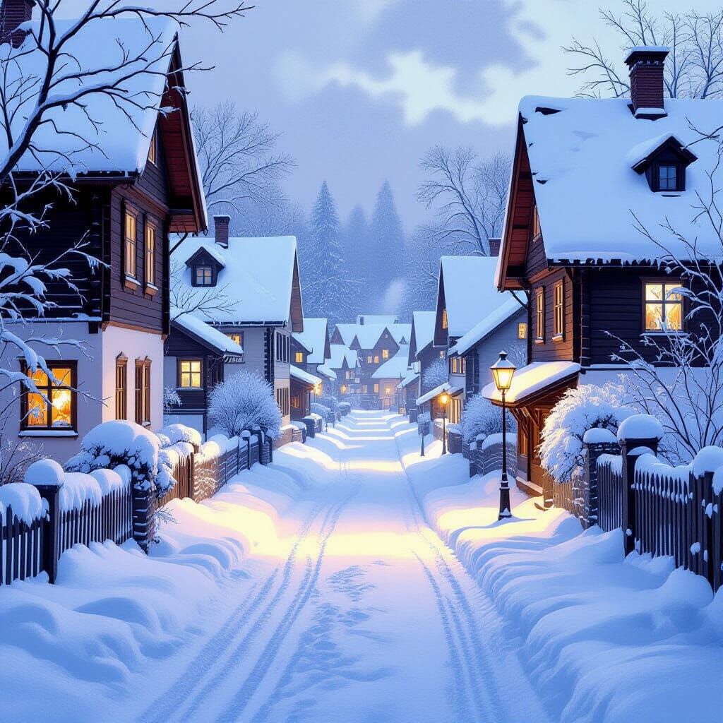 Winter Village Scene with Deep Snow and Warm Light