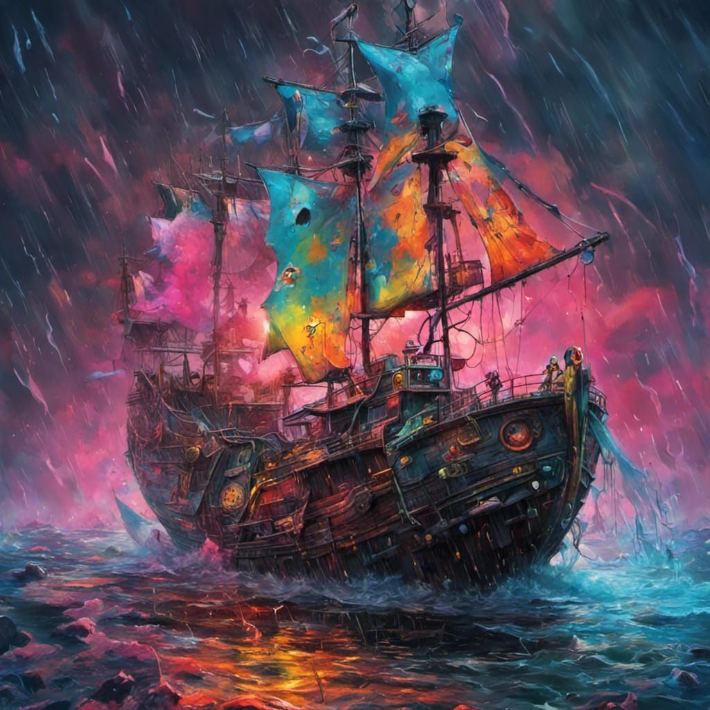 Cyberpunk Pirate Ship on Stormy Sea: Graffiti Art
