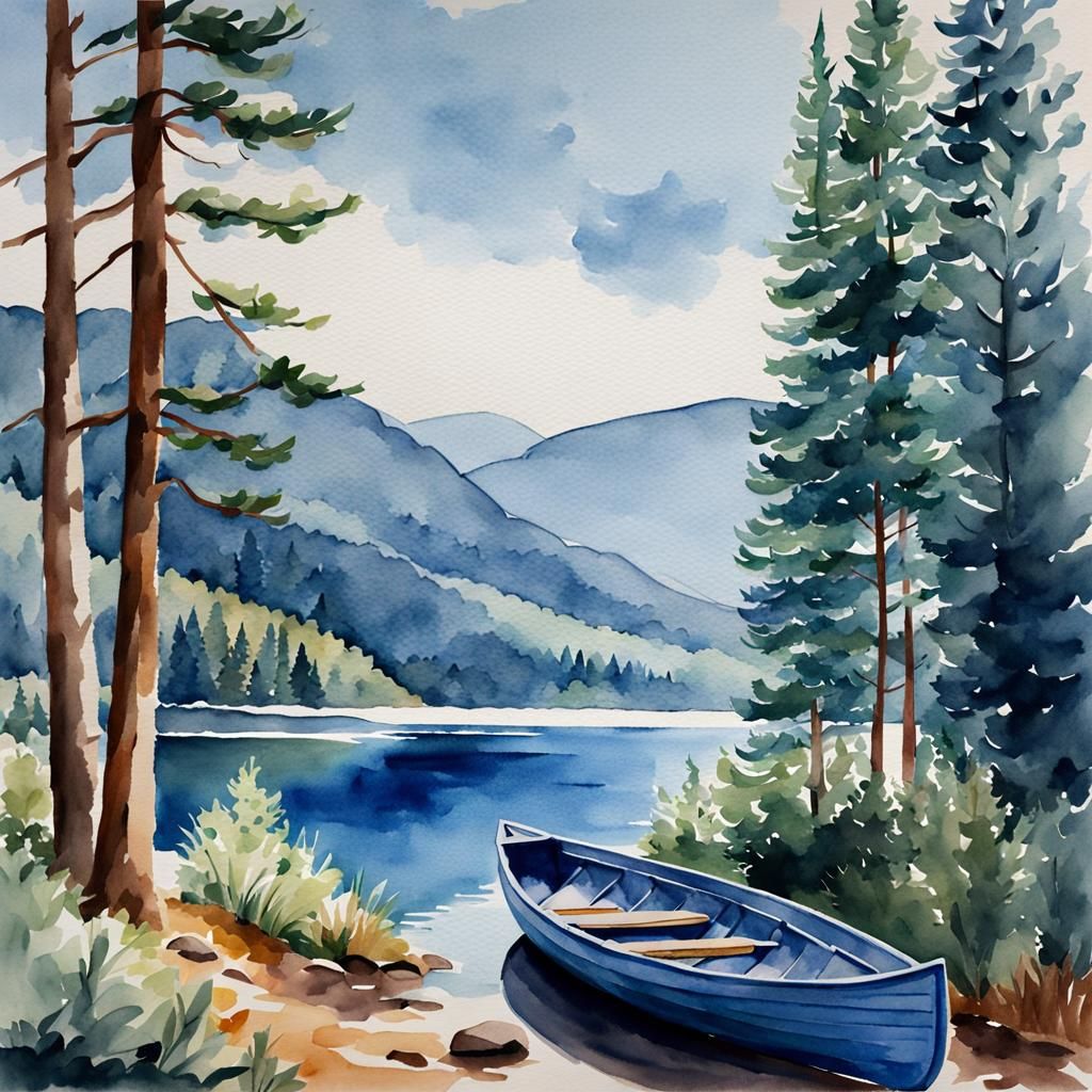 Blue Mountain Lake in Watercolor Style