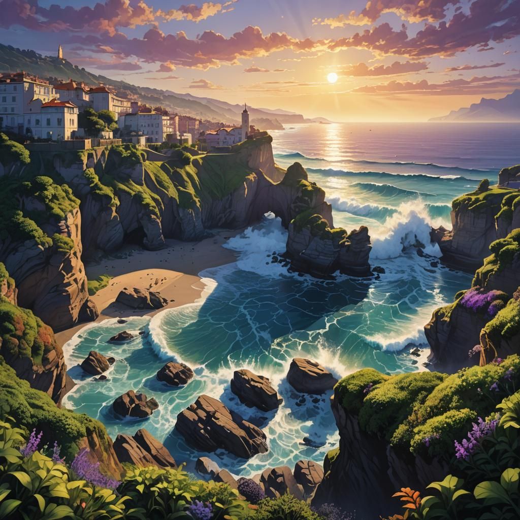 Sunlit Biarritz Coast: Ocean Waves and Cliffs