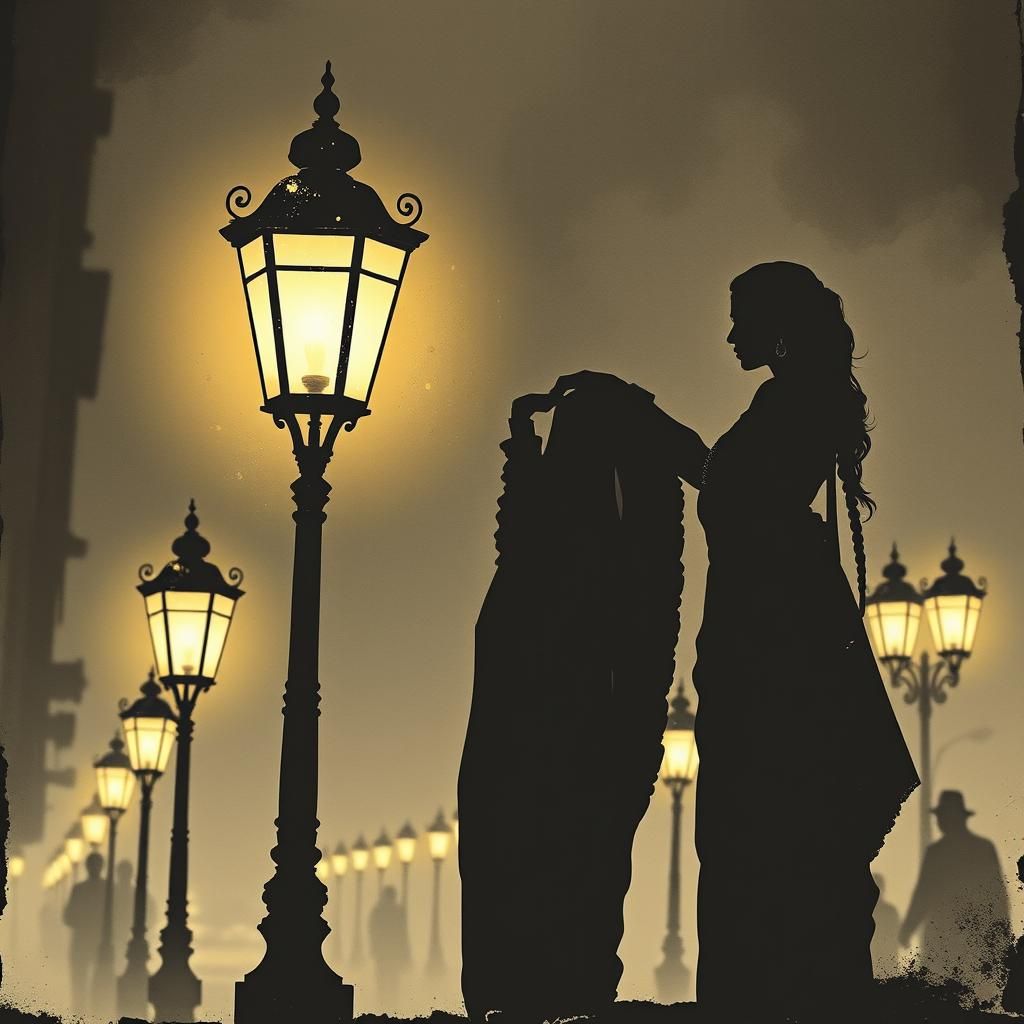 Indian Woman Stands Under Street Lanterns