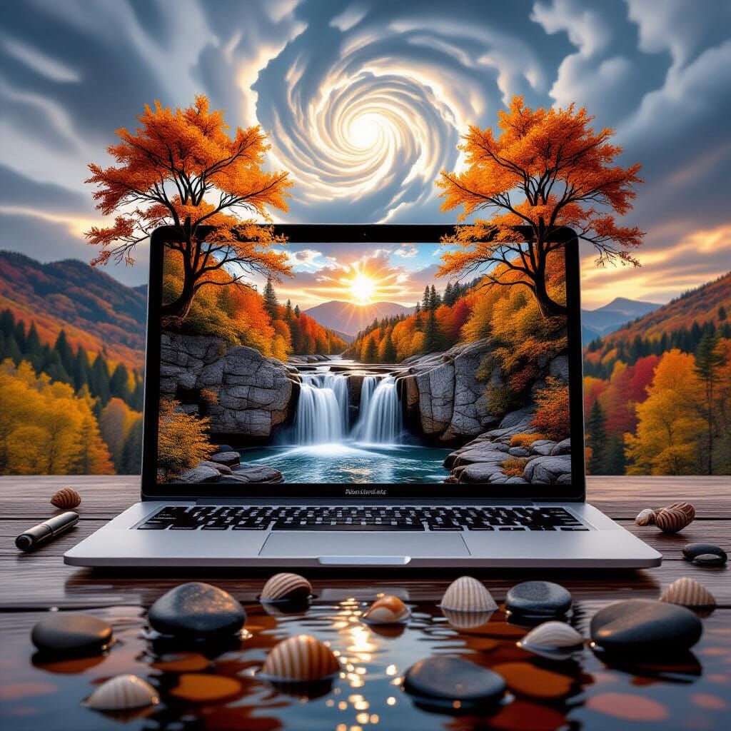 Autumn Waterfall Flows From Laptop Screen Into Miniature Lan...