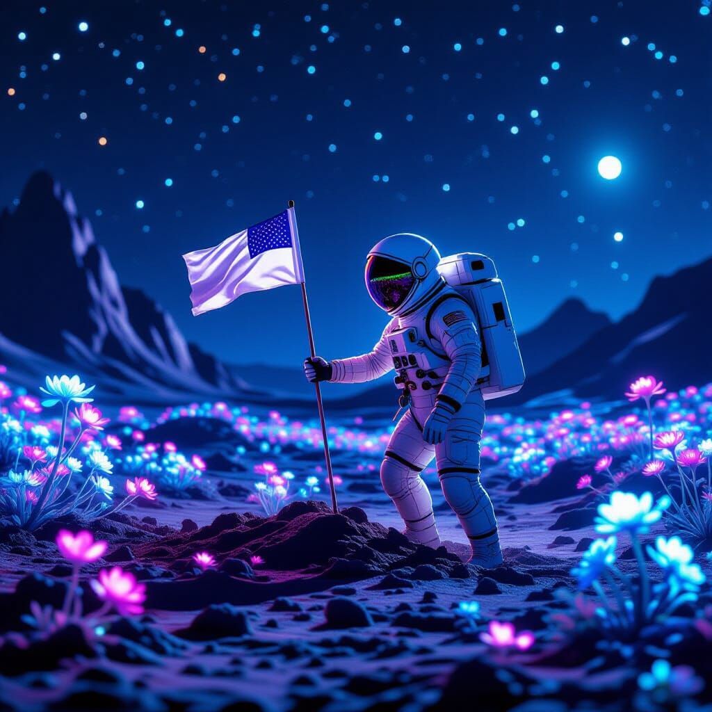 Astronaut Plants Flag on Alien World with Bioluminescent Flo...