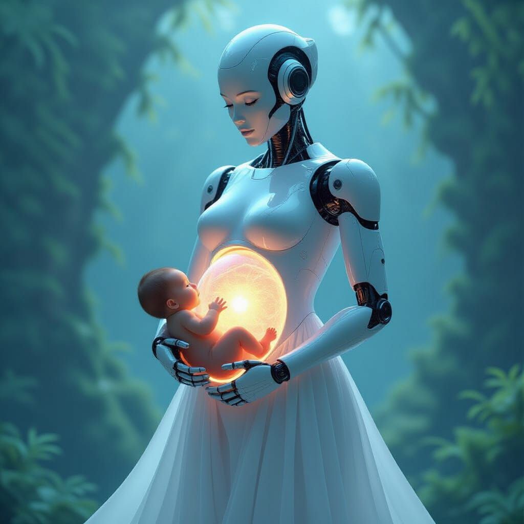 Android Motherhood: Bioluminescent Futuristic Dreamscape