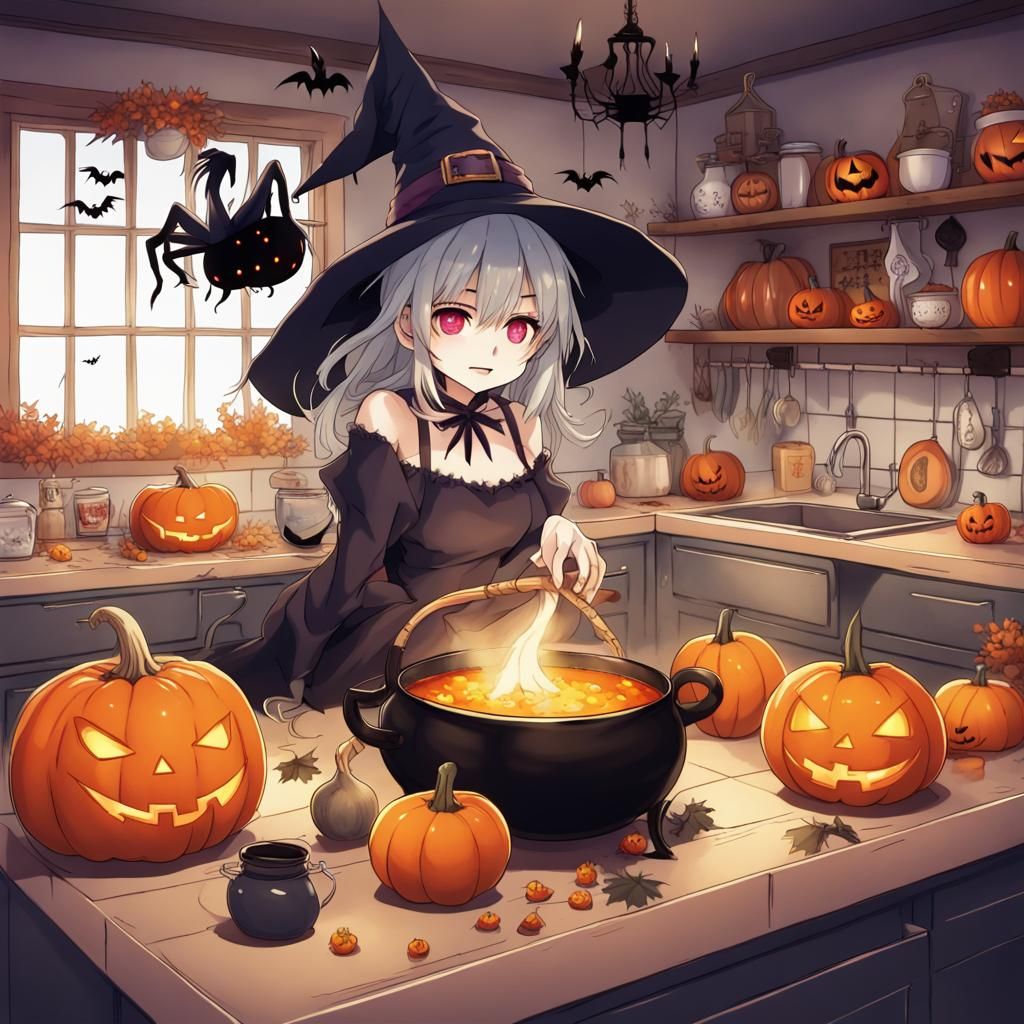 Spooky Halloween Kitchen in Anime Style