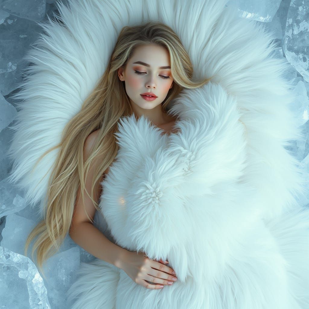 Ethereal Regal Woman in White Fur Rug on Crystal Ice