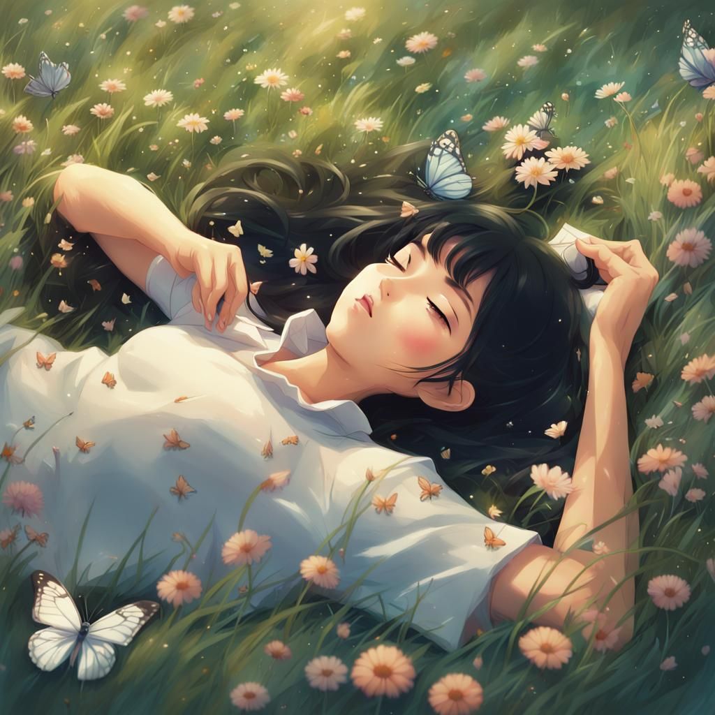 Girl in Flower Meadow: Studio Ghibli Anime Art