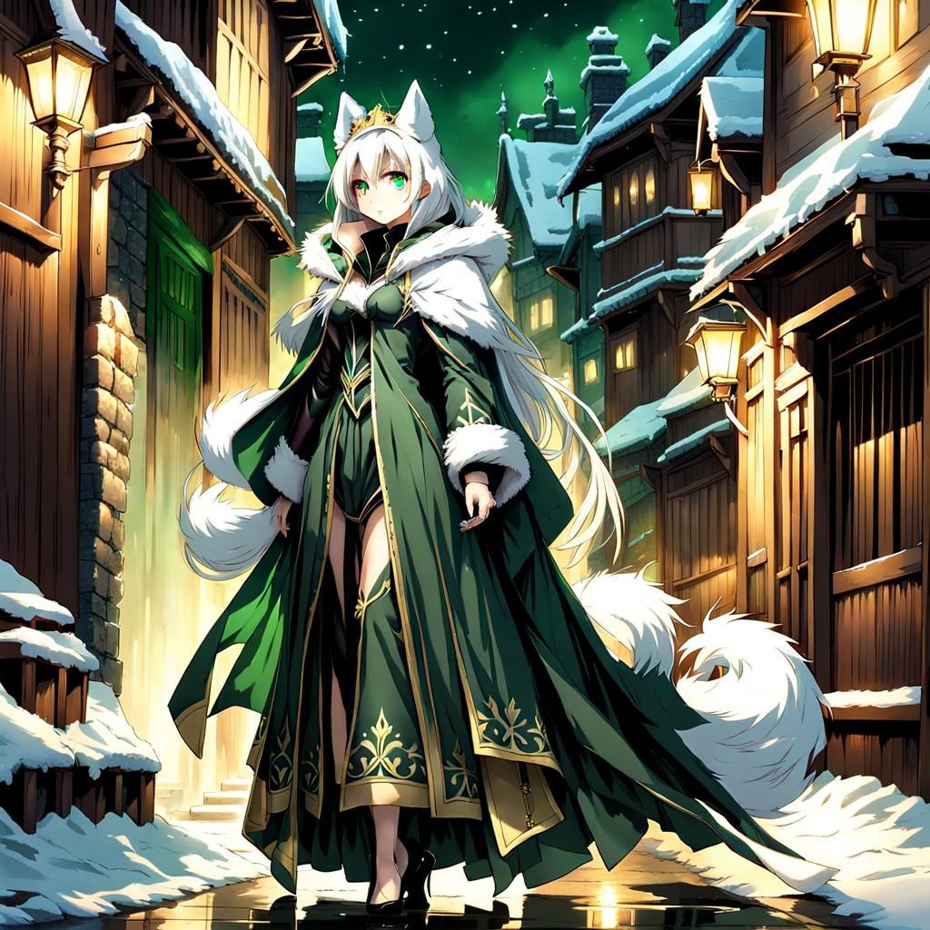 Anime Princess in Snowy Town at Night