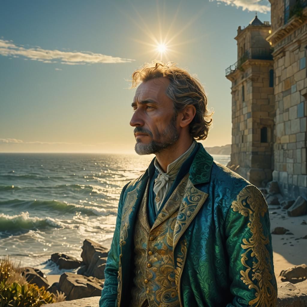 Poet Contemplates Sea in Golden Light, 3D Render