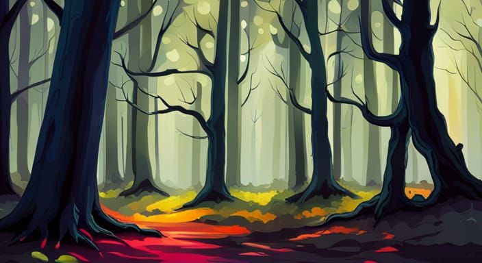 Vibrant Moonlit Forest Shrouded in Mist