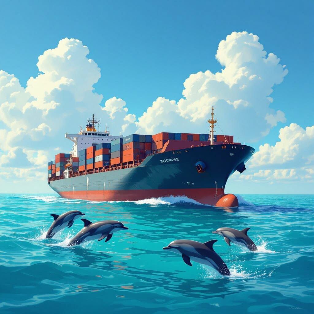 Container Ship and Dolphins in Digital Art Style