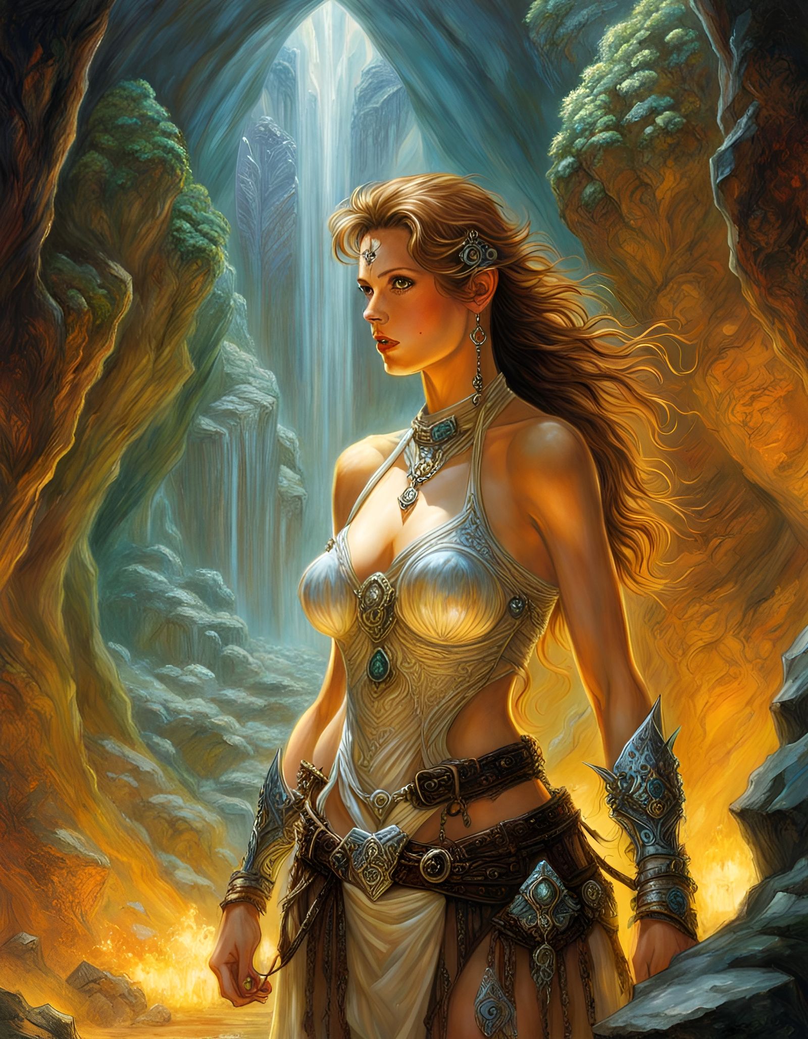 Freckled Adventurer in Crystalline Cavern: Hyperrealistic Fa...
