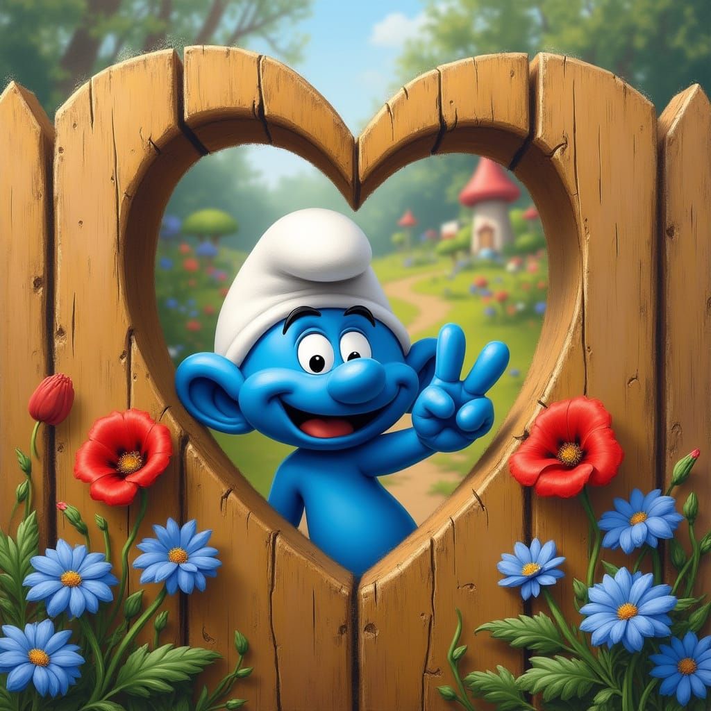 Whimsical Smurf Peeks Through Dreamy Fence in Vibrant Disney...