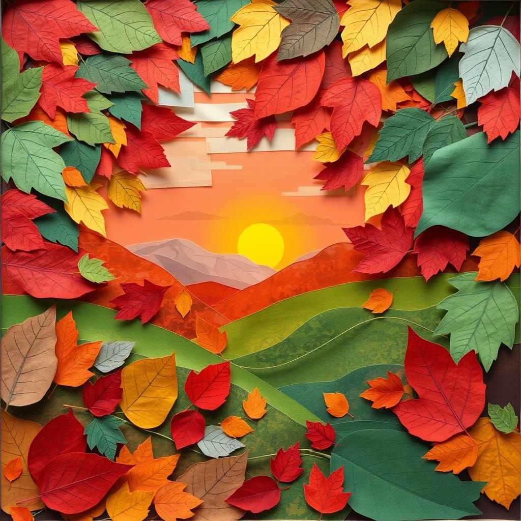 Vibrant Paper Leaf Collage of Fall Sunset