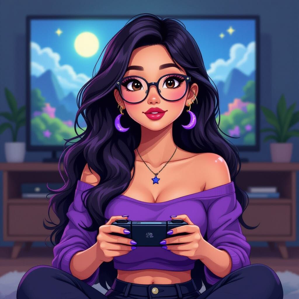 Animated Asian Woman Playing Nintendo Switch