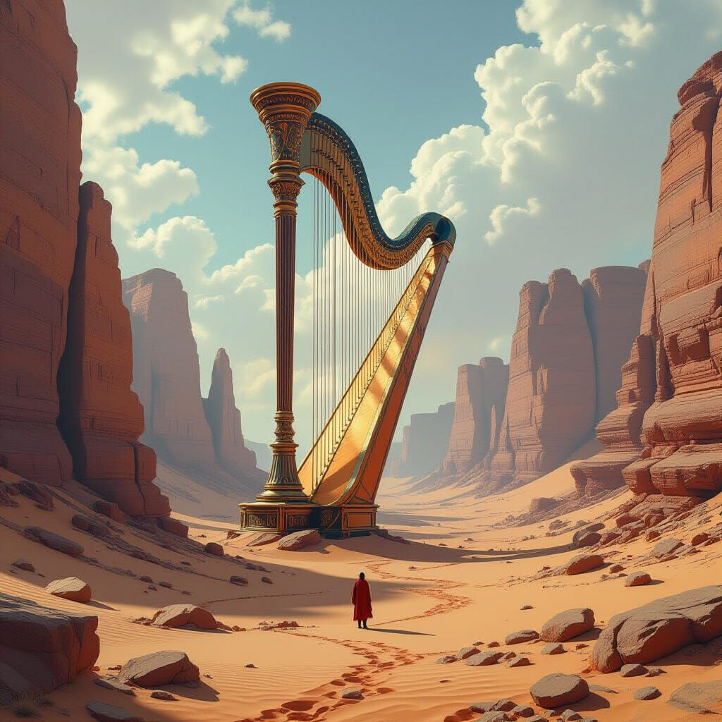 Surreal Desert Landscape with Giant Harp