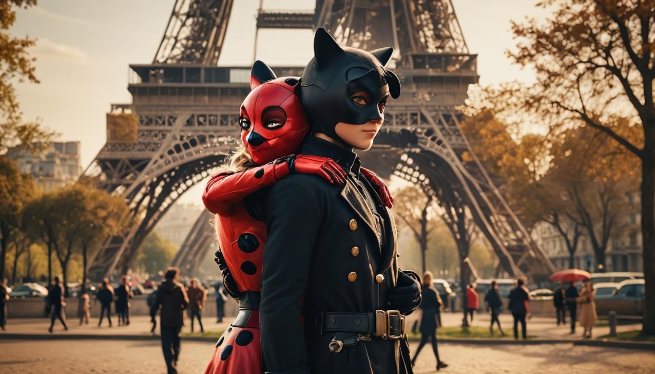 Ladybug and Cat Noir Embrace in Paris, Cinematic Style