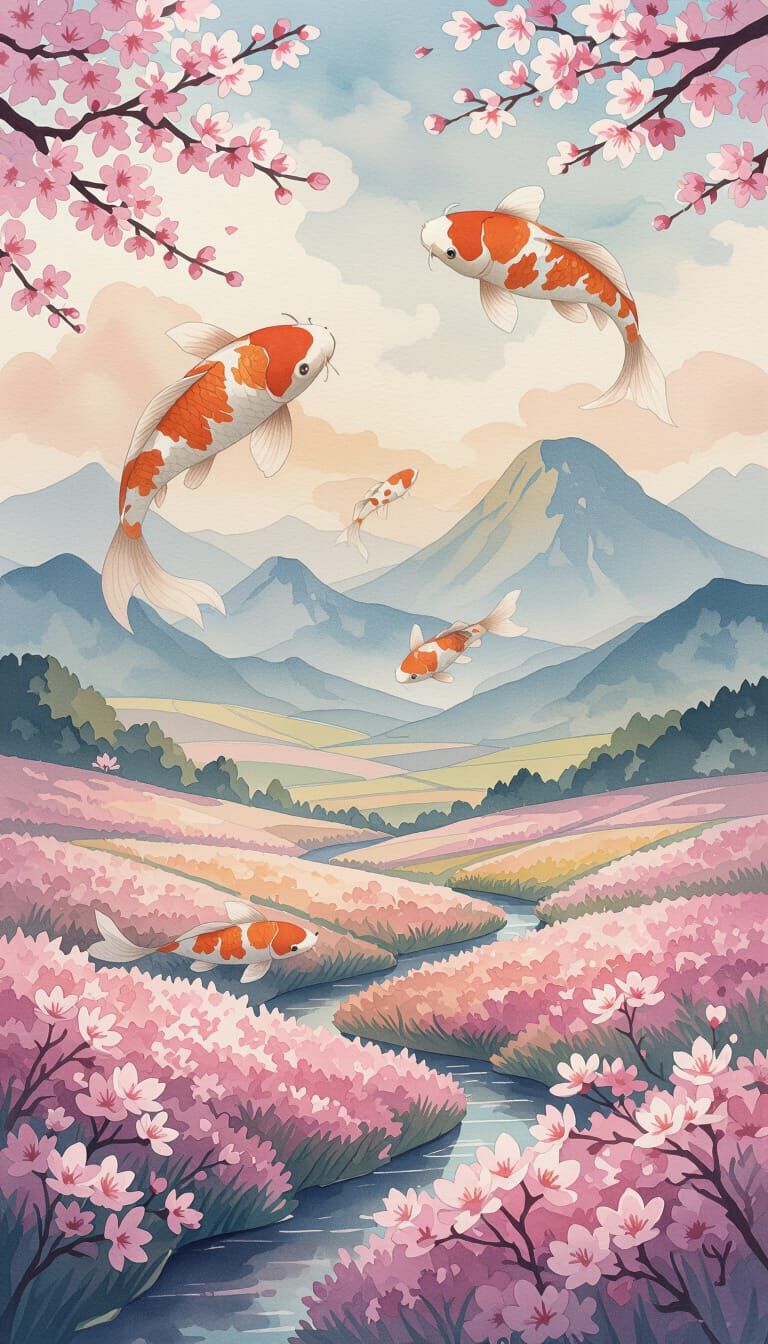 Dreamlike Valley with Swimming Koi Fish
