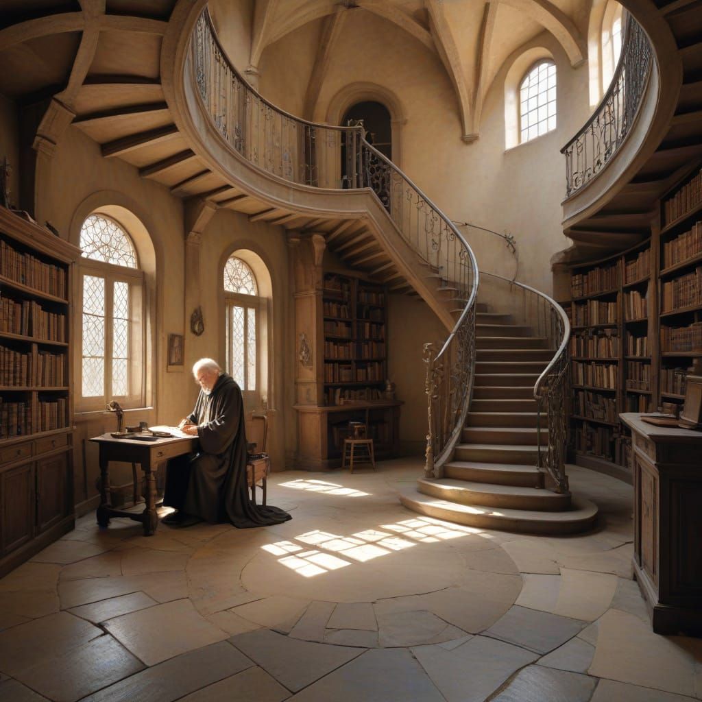 Wise Philosopher in Library Watercolor Painting