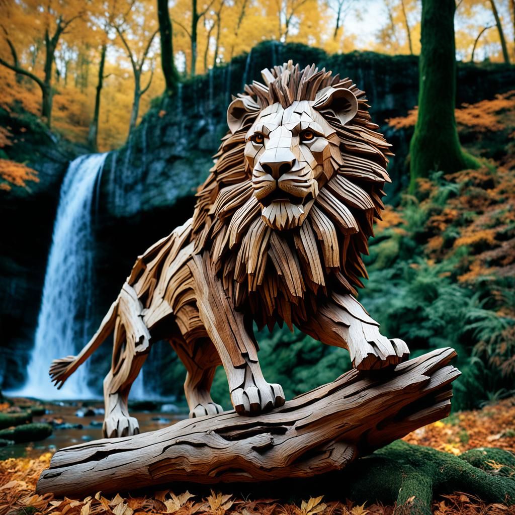 Driftwood Lion Sculpture in Autumn Forest