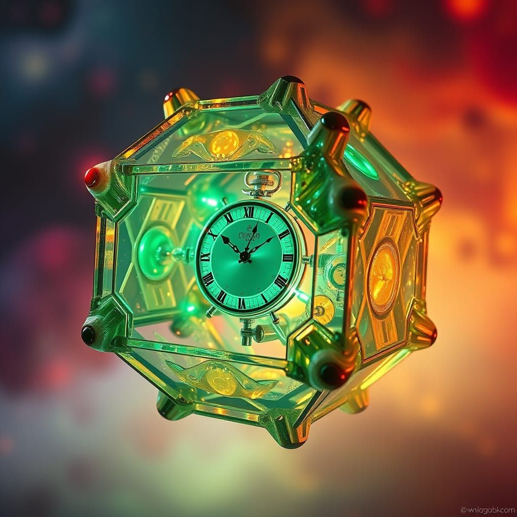 Timeless Tesseract with Glowing Ethereal Clocks