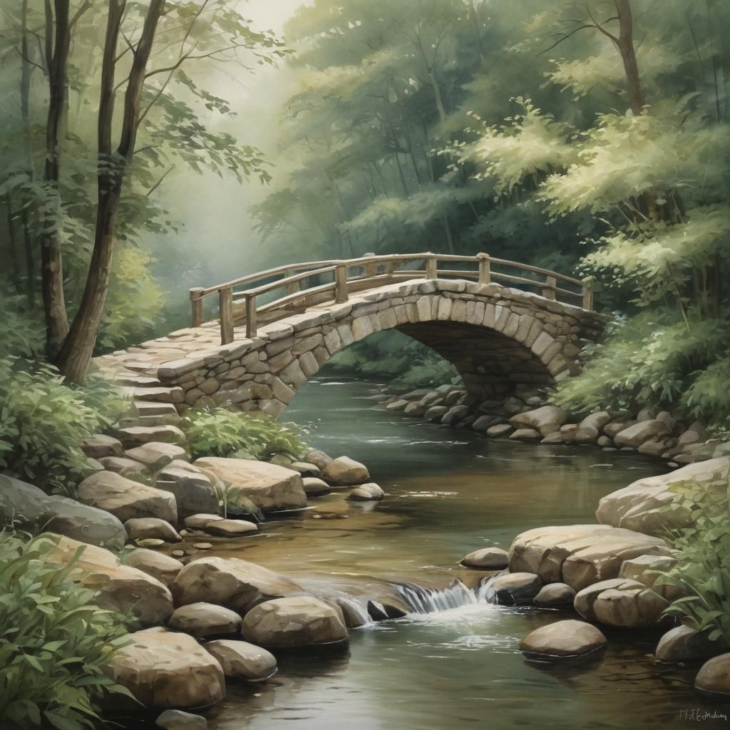 Stone Bridge in Light Wood: Serene Watercolor Painting